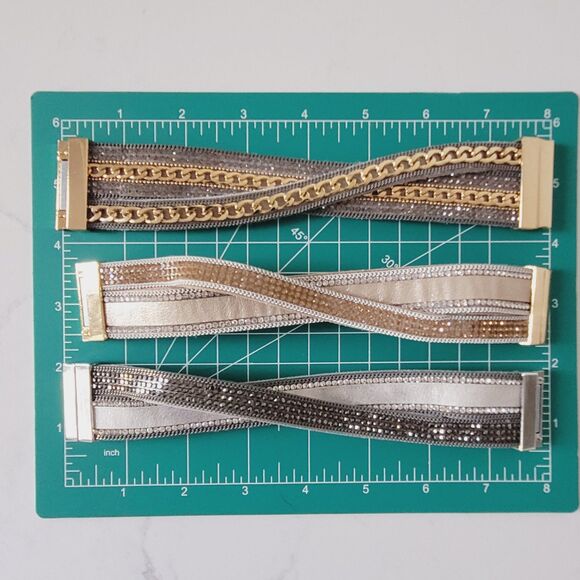 3 pc faux Leather Wrap Multilayer Bracelets Rhinestone Magnetic Closure Boho - Picture 3 of 10